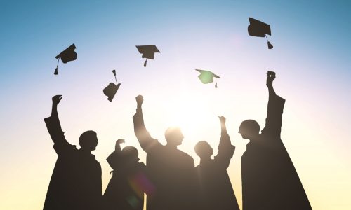 education, graduation and people concept - silhouettes of many happy students in gowns throwing mortarboards in air